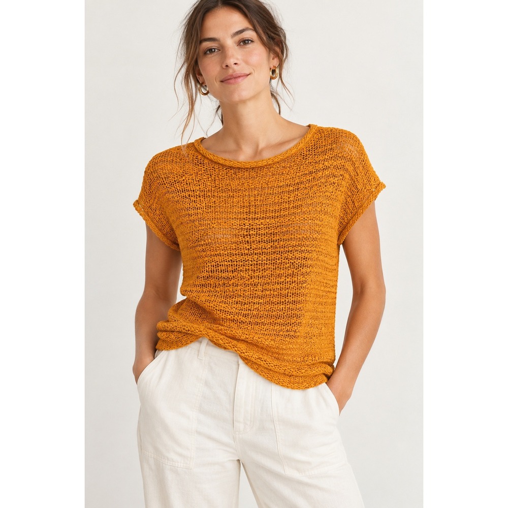 J.Crew Montauk Open Knit Sweater Top Marigold Orange Short Sleeve- Small